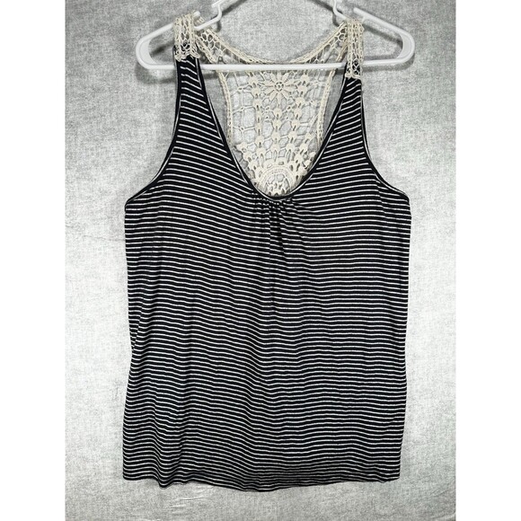 Haani Cream Navy Blue Striped Crochet Lace Back Tank Size XLarge XL - Picture 1 of 7
